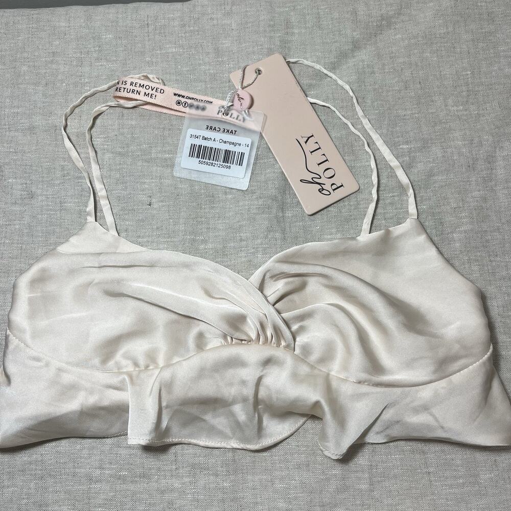 A/B 2 Bra Oh Polly! Satin Surplice Bra Bralette‎ Ruffle NWT Off-white Cream